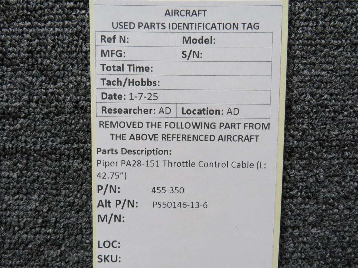 Piper Aircraft Parts 455-350 (Alt: PS50146-13-6) Piper PA28-151 Throttle Control Cable (L: 42.75”)