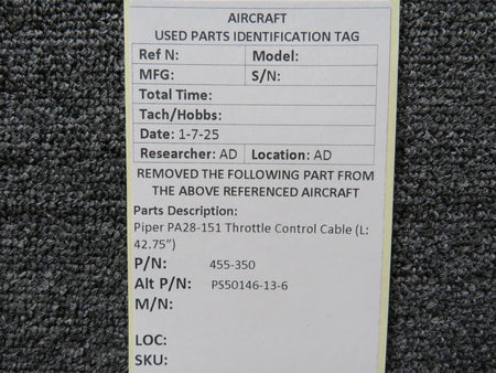 Piper Aircraft Parts 455-350 (Alt: PS50146-13-6) Piper PA28-151 Throttle Control Cable (L: 42.75”)