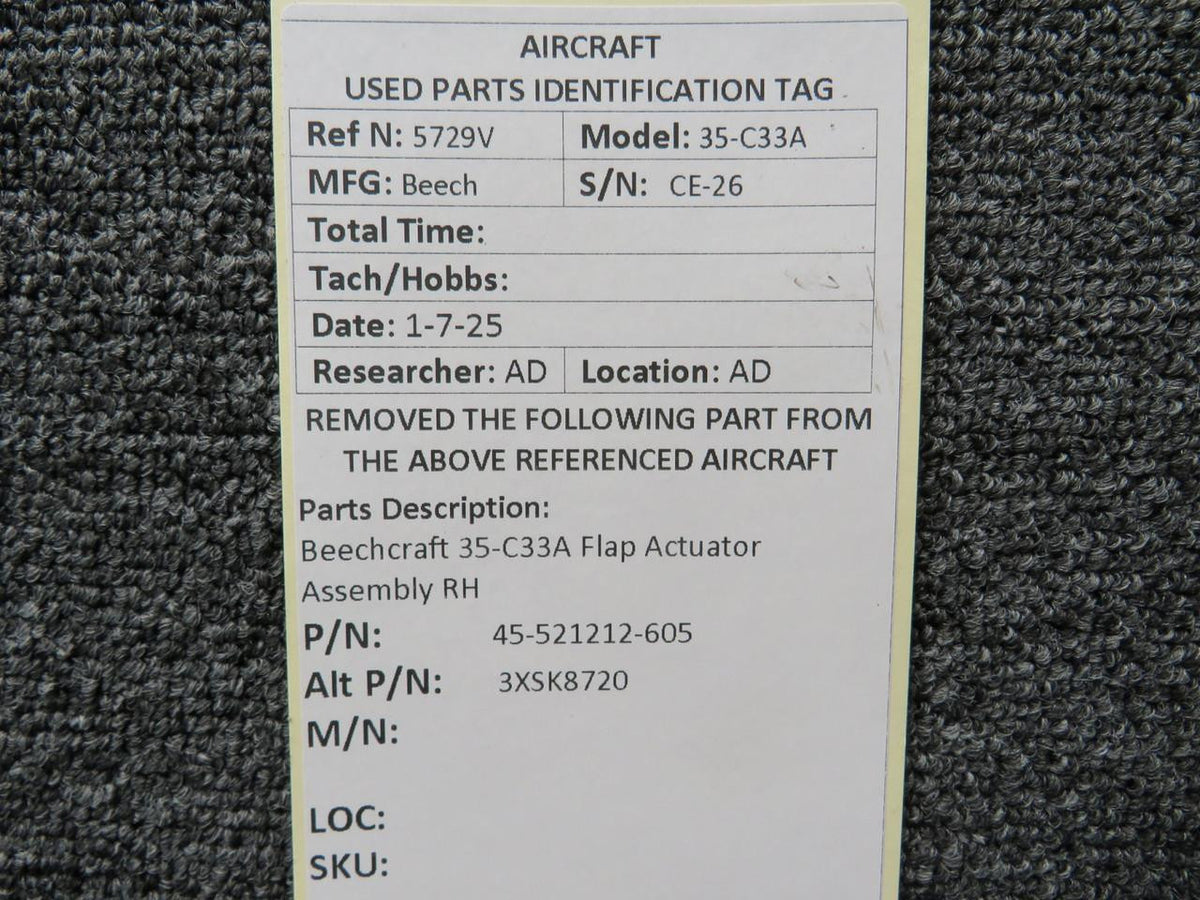 Beechcraft Parts 45-521212-605 (Alt: 3XSK8720) Beechcraft 35-C33A Flap Actuator Assembly RH