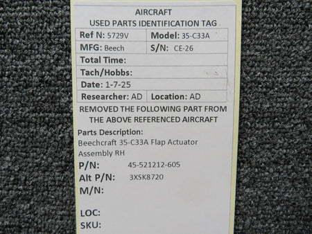 Beechcraft Parts 45-521212-605 (Alt: 3XSK8720) Beechcraft 35-C33A Flap Actuator Assembly RH