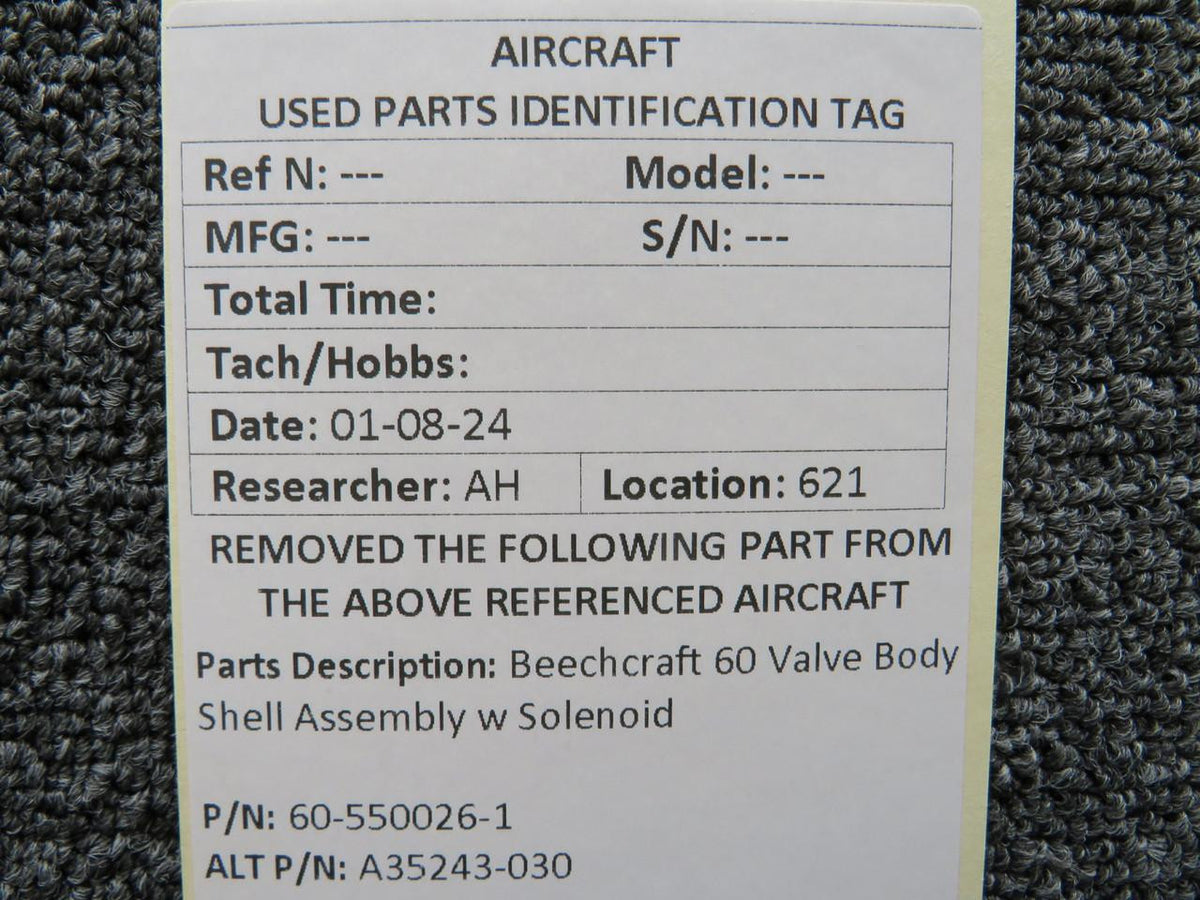 60-550026-1, A35243-030 Beechcraft 60 Valve Body Shell Assembly with Solenoid