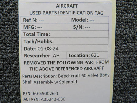 60-550026-1, A35243-030 Beechcraft 60 Valve Body Shell Assembly with Solenoid