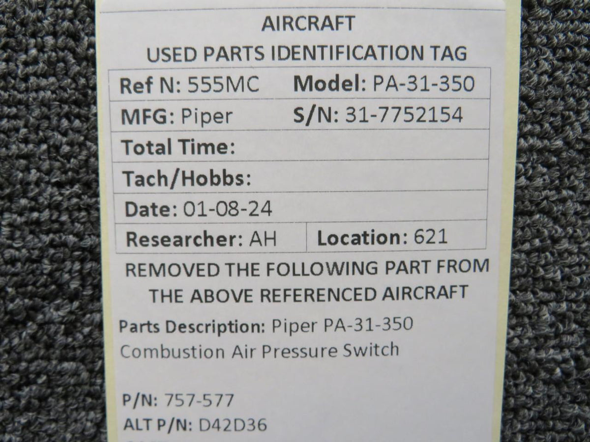 Piper Aircraft Parts 757-577 (Alt: D42D36) Piper PA31-350 Combustion Air Pressure Switch