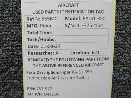 Piper Aircraft Parts 757-577 (Alt: D42D36) Piper PA31-350 Combustion Air Pressure Switch