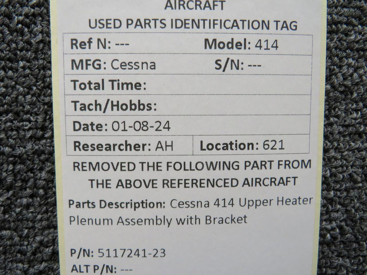 Cessna Aircraft Parts 5117241-23 Cessna 414 Upper Heater Plenum Assembly with Bracket