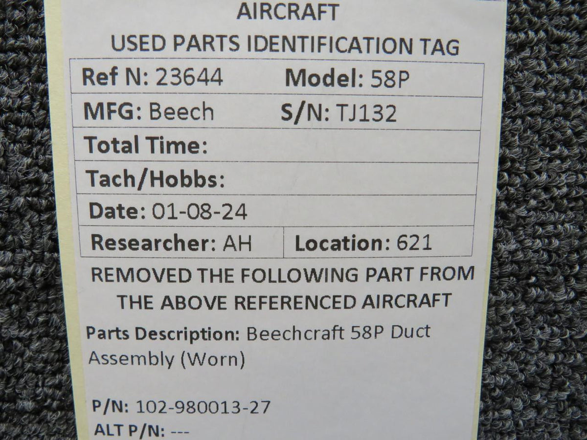 Beechcraft Parts 102-980013-27 Beechcraft 58P Duct Assembly (Worn)