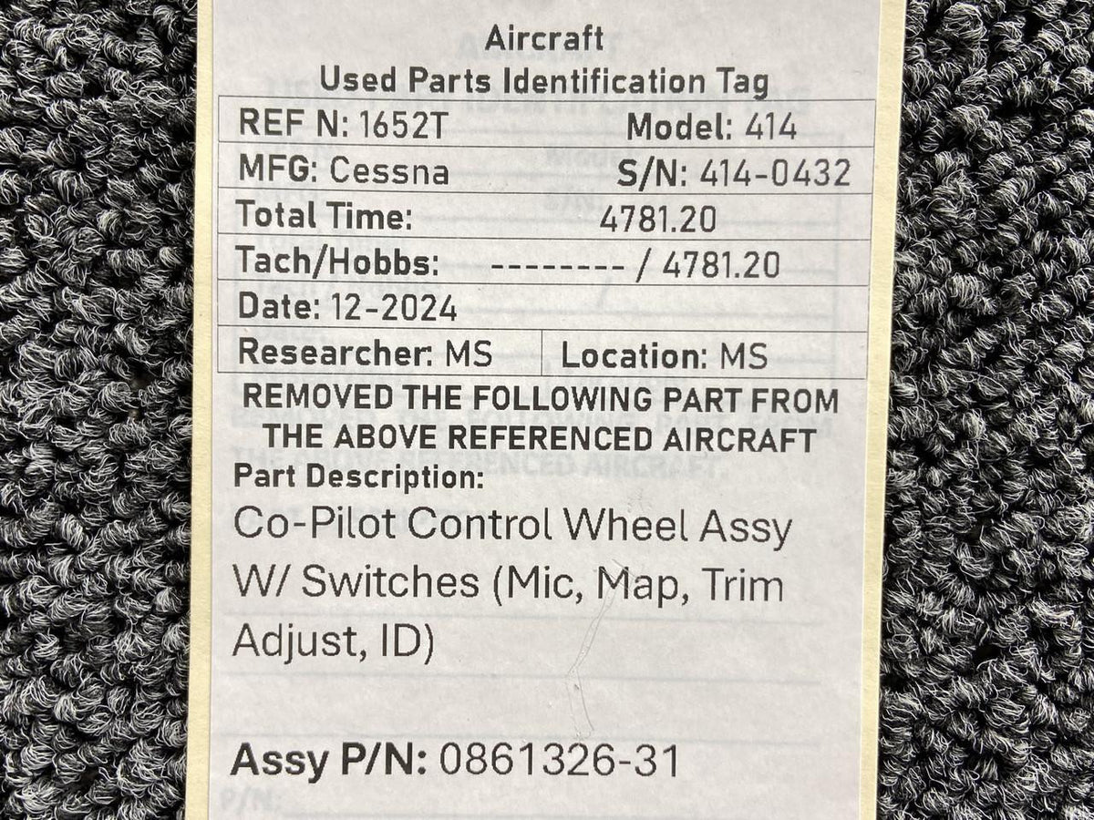 Cessna Aircraft Parts 0861326-31 Cessna 414 Co-Pilot Control Wheel w Switches (Mic, Map, Trim, ID)