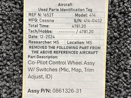 Cessna Aircraft Parts 0861326-31 Cessna 414 Co-Pilot Control Wheel w Switches (Mic, Map, Trim, ID)
