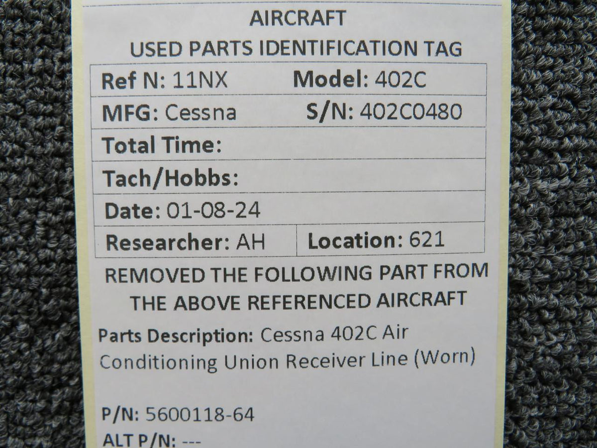 Cessna Aircraft Parts 5600118-64 Cessna 402C Air Conditioning Union Receiver Line (Worn)