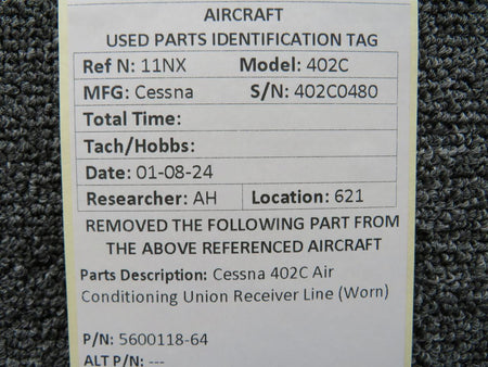 Cessna Aircraft Parts 5600118-64 Cessna 402C Air Conditioning Union Receiver Line (Worn)