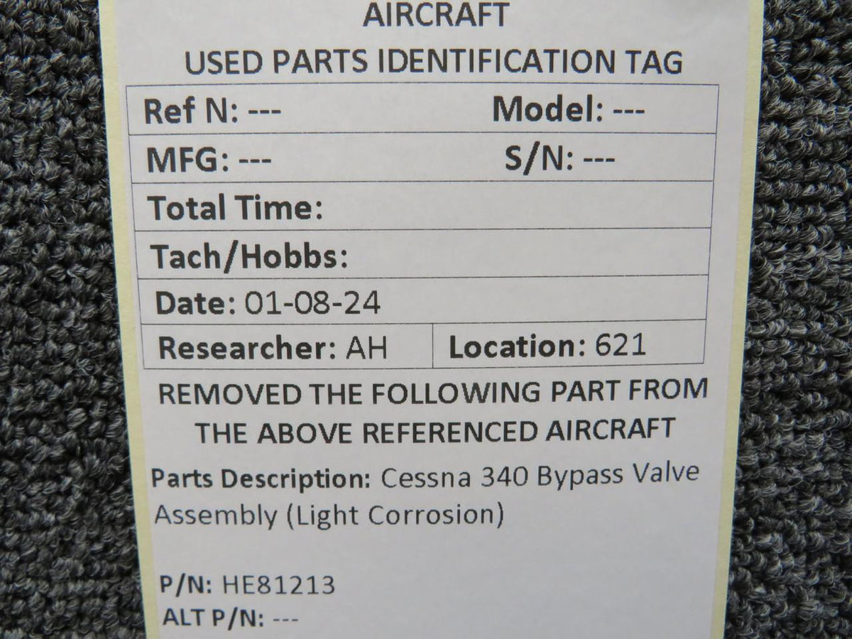 Cessna Aircraft Parts HE81213 Cessna 340 Bypass Valve Assembly (Light Corrosion)