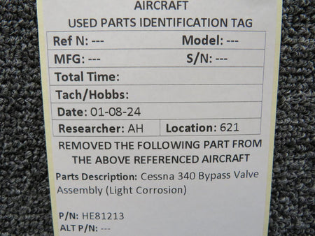 Cessna Aircraft Parts HE81213 Cessna 340 Bypass Valve Assembly (Light Corrosion)