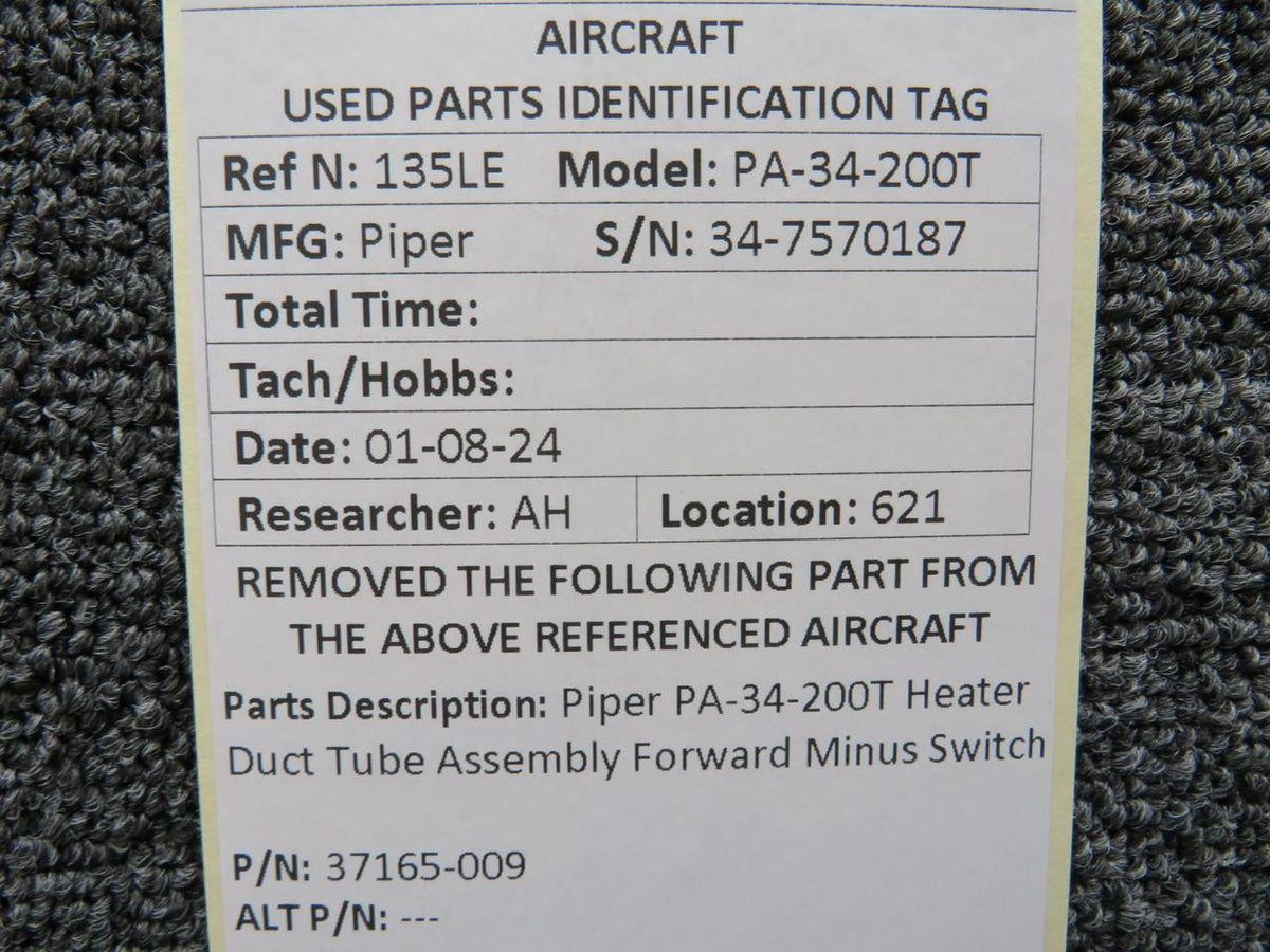 Piper Aircraft Parts 37165-009 Piper PA34-200T Heater Duct Tube Assembly Forward Minus Switch