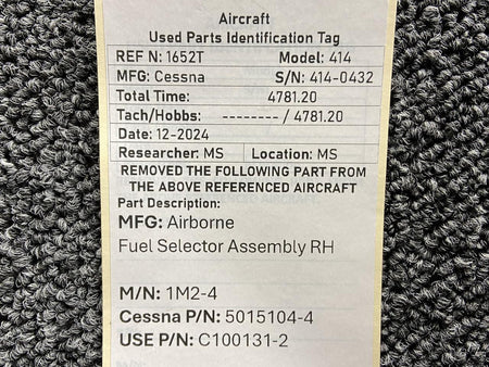 Airborne 1M2-4 (Alt: 5015104-4) Airborne Fuel Selector Assembly RH (Minus Knob)