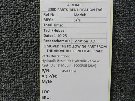 No Brand 45000070 Hydraulic Research Hydraulic Valve w Restrictor & Mount (3000PSI) (28V)