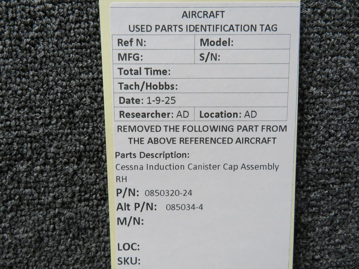 Cessna Aircraft Parts 0850320-24 (Alt: 085034-4) Cessna Induction Canister Cap Assembly RH