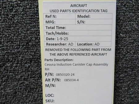 Cessna Aircraft Parts 0850320-24 (Alt: 085034-4) Cessna Induction Canister Cap Assembly RH
