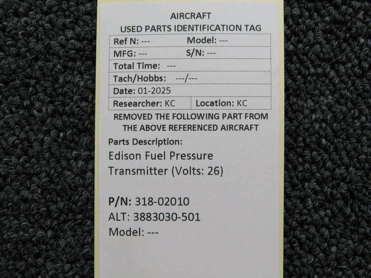 Edison 318-02010 (Alt: 3883030-501) Edison Fuel Pressure Transmitter (Volts: 26)