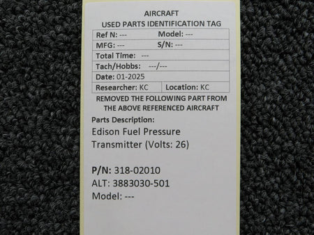 Edison 318-02010 (Alt: 3883030-501) Edison Fuel Pressure Transmitter (Volts: 26)
