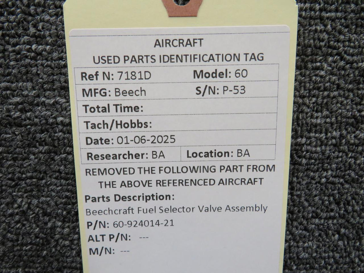 Beechcraft Parts 60-924014-21 Beechcraft Fuel Selector Valve Assembly