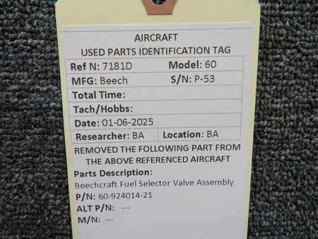 Beechcraft Parts 60-924014-21 Beechcraft Fuel Selector Valve Assembly