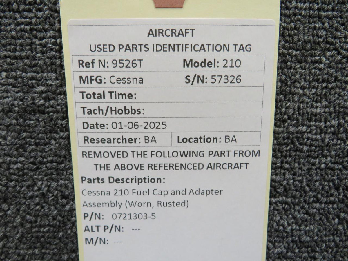 Cessna Aircraft Parts 0721303-5 Cessna 210 Fuel Cap and Adapter Assembly (Worn, Rusted)
