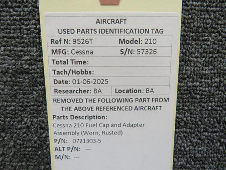 Cessna Aircraft Parts 0721303-5 Cessna 210 Fuel Cap and Adapter Assembly (Worn, Rusted)