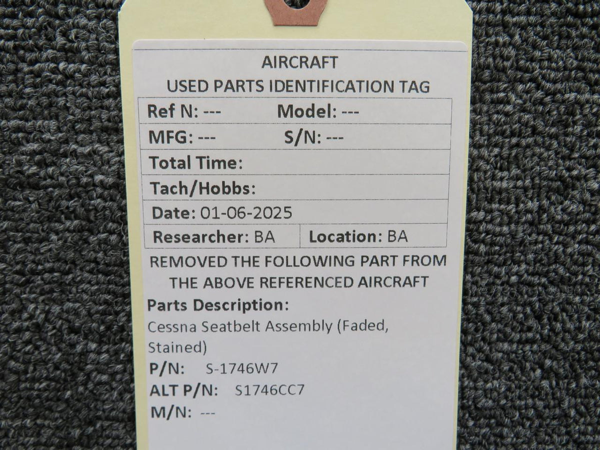 Cessna Aircraft Parts S-1746W7 (Use: S1746CC7) Cessna Seatbelt Assembly (Faded, Stained)
