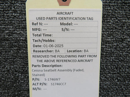 Cessna Aircraft Parts S-1746W7 (Use: S1746CC7) Cessna Seatbelt Assembly (Faded, Stained)
