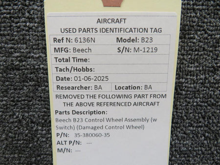 Beechcraft Parts 35-380060-35 Beech B23 Control Wheel Assembly w Switch (Damaged Control Wheel)