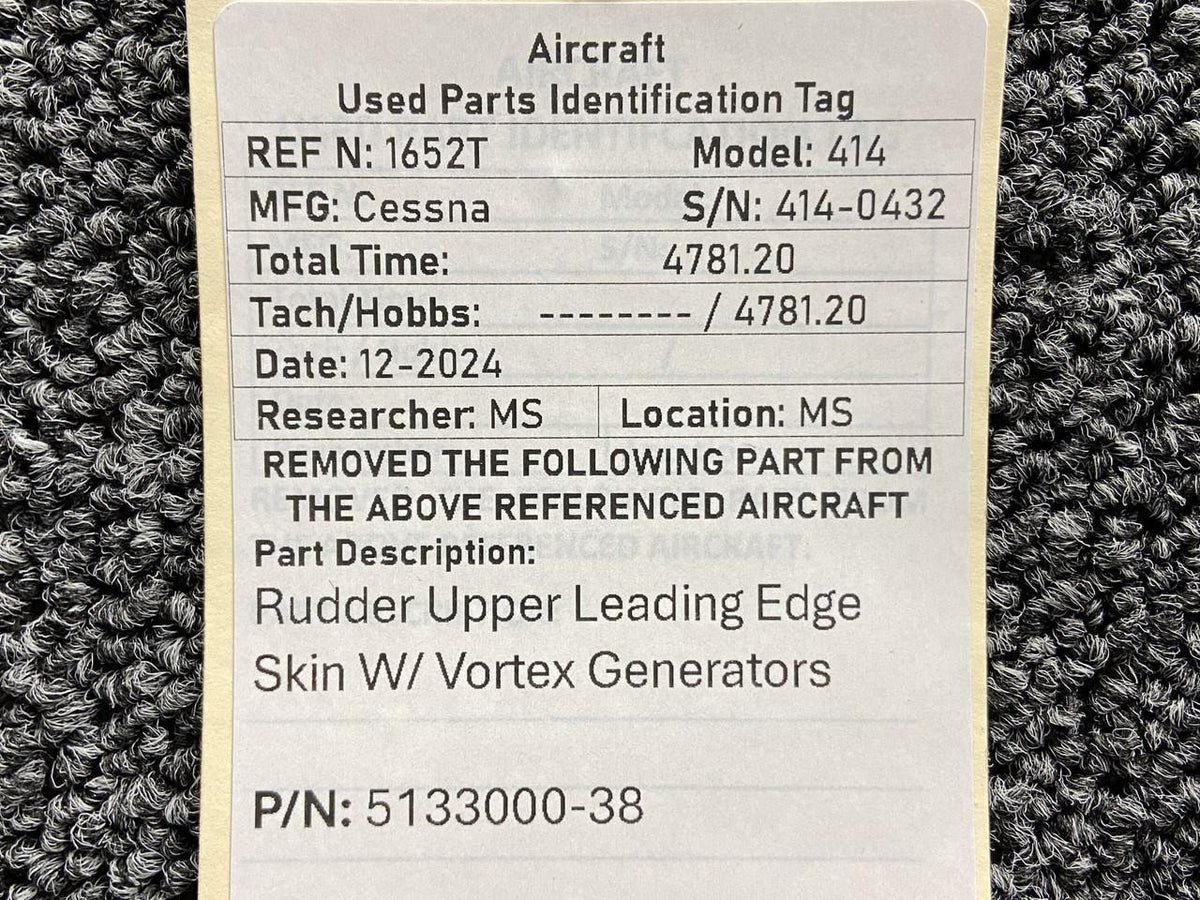 Cessna Aircraft Parts 5133000-38 Cessna 414 Rudder Upper Leading Edge Skin w Vortex Generators