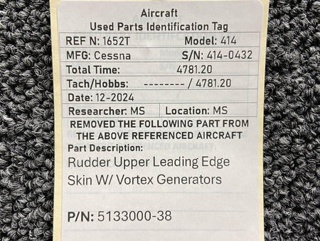 Cessna Aircraft Parts 5133000-38 Cessna 414 Rudder Upper Leading Edge Skin w Vortex Generators