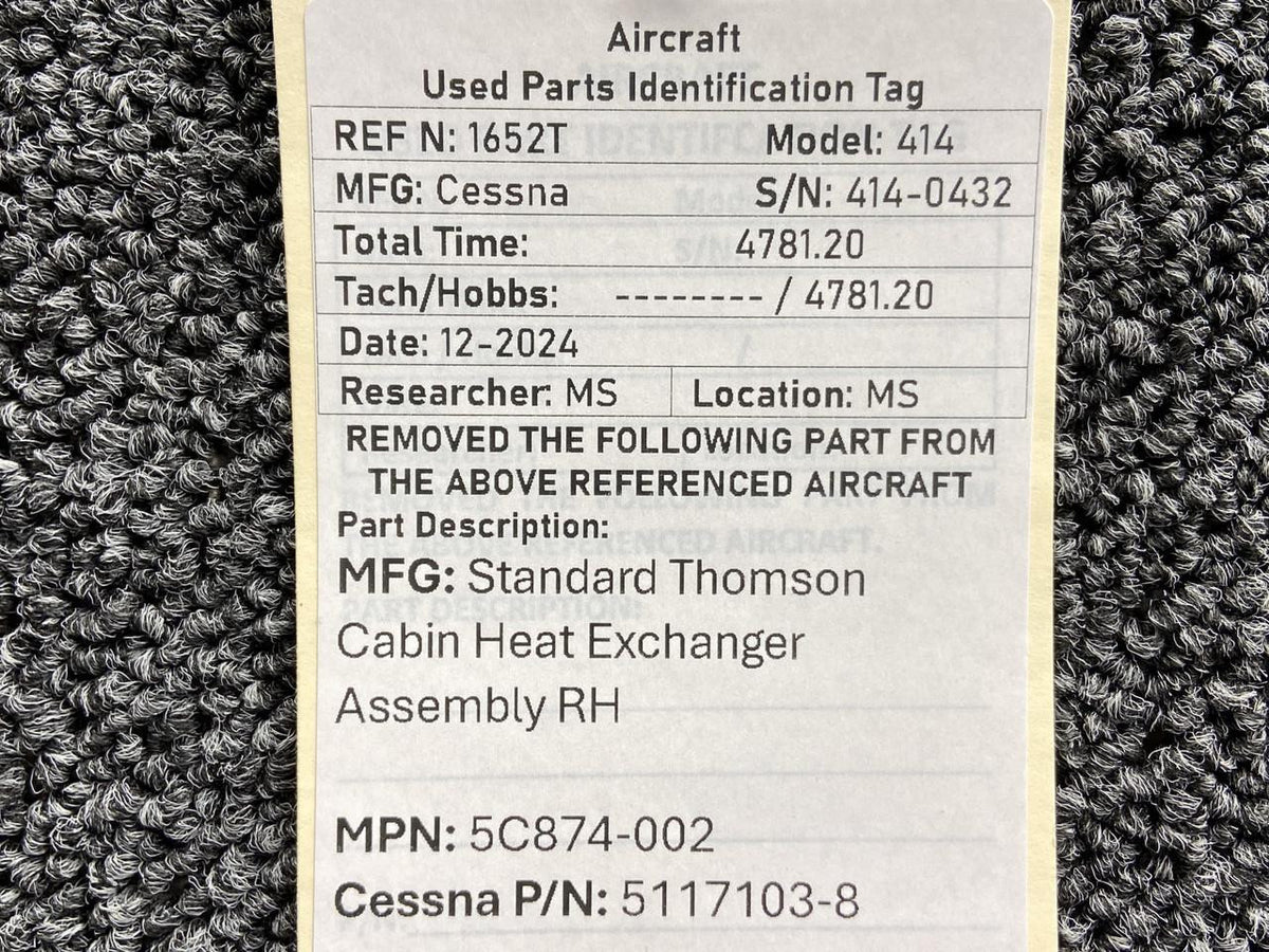 Standard Thomson 5C874-002 (Alt: 5117103-8) Standard Thomson Cabin Heat Exchanger Assembly RH