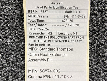 Standard Thomson 5C874-002 (Alt: 5117103-8) Standard Thomson Cabin Heat Exchanger Assembly RH