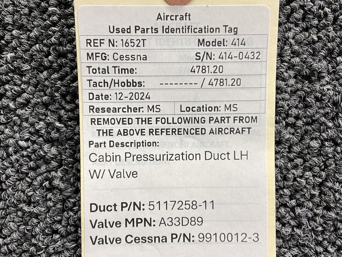 Cessna Aircraft Parts 5117258-11, A33D89 Cessna 414 Cabin Pressurization Duct LH with Valve