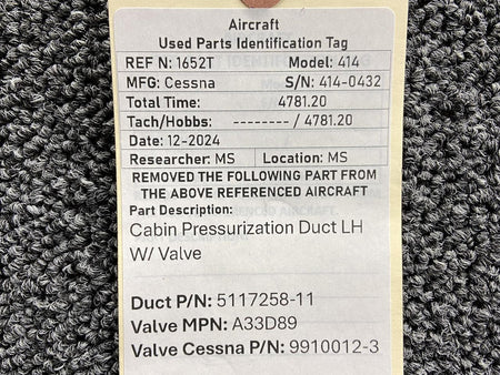 Cessna Aircraft Parts 5117258-11, A33D89 Cessna 414 Cabin Pressurization Duct LH with Valve