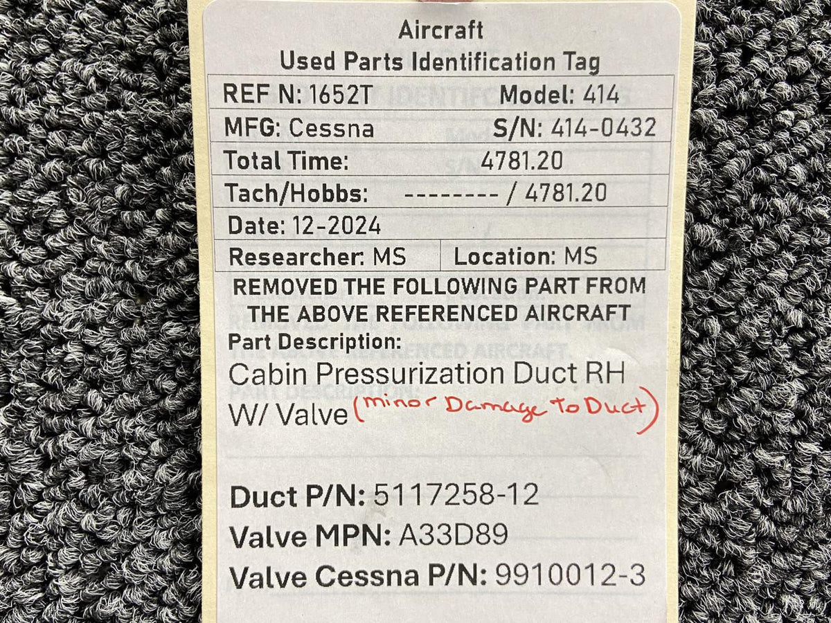 Cessna Aircraft Parts 5117258-12, A33D89 Cessna 414 Cabin Pressurization Duct RH w Valve