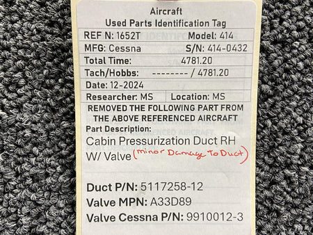 Cessna Aircraft Parts 5117258-12, A33D89 Cessna 414 Cabin Pressurization Duct RH w Valve