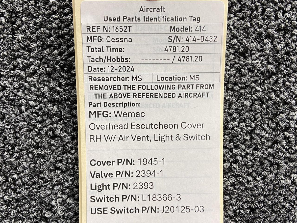 Wemac 1945-1, 2394-1, 2393 Wemac Overhead Escutcheon Cover RH w Vent, Light & Switch