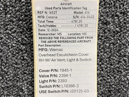 Wemac 1945-1, 2394-1, 2393 Wemac Overhead Escutcheon Cover RH w Vent, Light & Switch