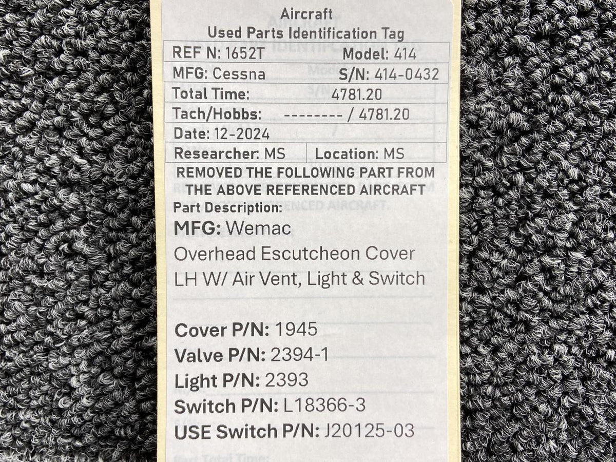 Wemac 1945, 2394-1, 2393 Wemac Overhead Escutcheon Cover LH w Vent, Light & Switch