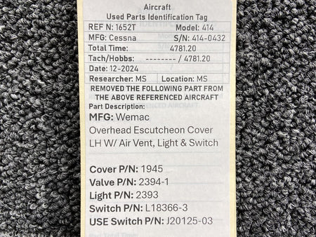 Wemac 1945, 2394-1, 2393 Wemac Overhead Escutcheon Cover LH w Vent, Light & Switch