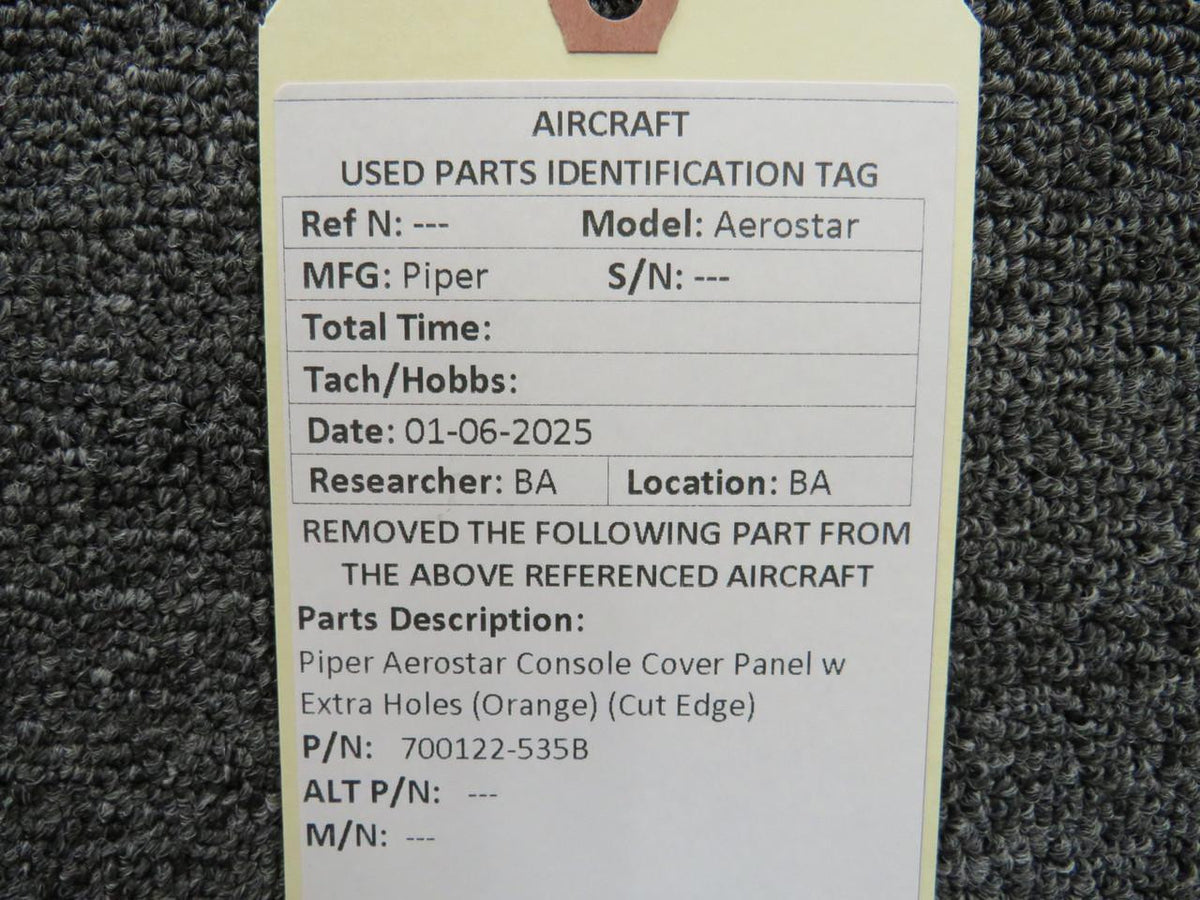 Piper Aircraft Parts 700122-535B Piper Aerostar Console Cover Panel w Extra Holes (Orange) (Cut Edge)
