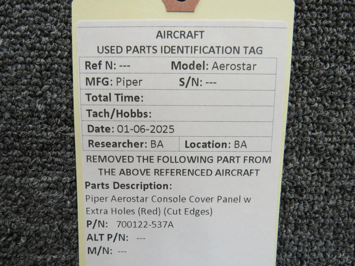 Piper Aircraft Parts 700122-537A Piper Aerostar Console Cover Panel w Extra Holes (Red) (Cut Edges)