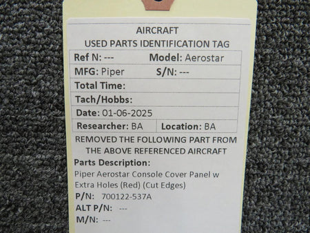 Piper Aircraft Parts 700122-537A Piper Aerostar Console Cover Panel w Extra Holes (Red) (Cut Edges)