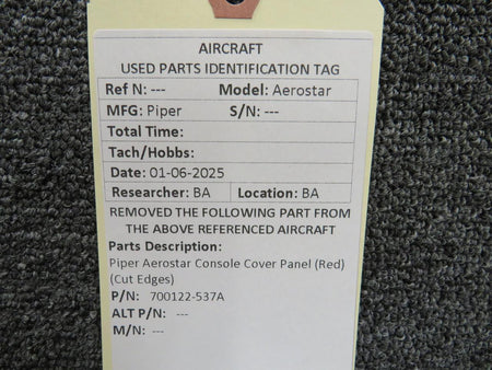Piper Aircraft Parts 700122-537A Piper Aerostar Console Cover Panel (Red) (Cut Edges)