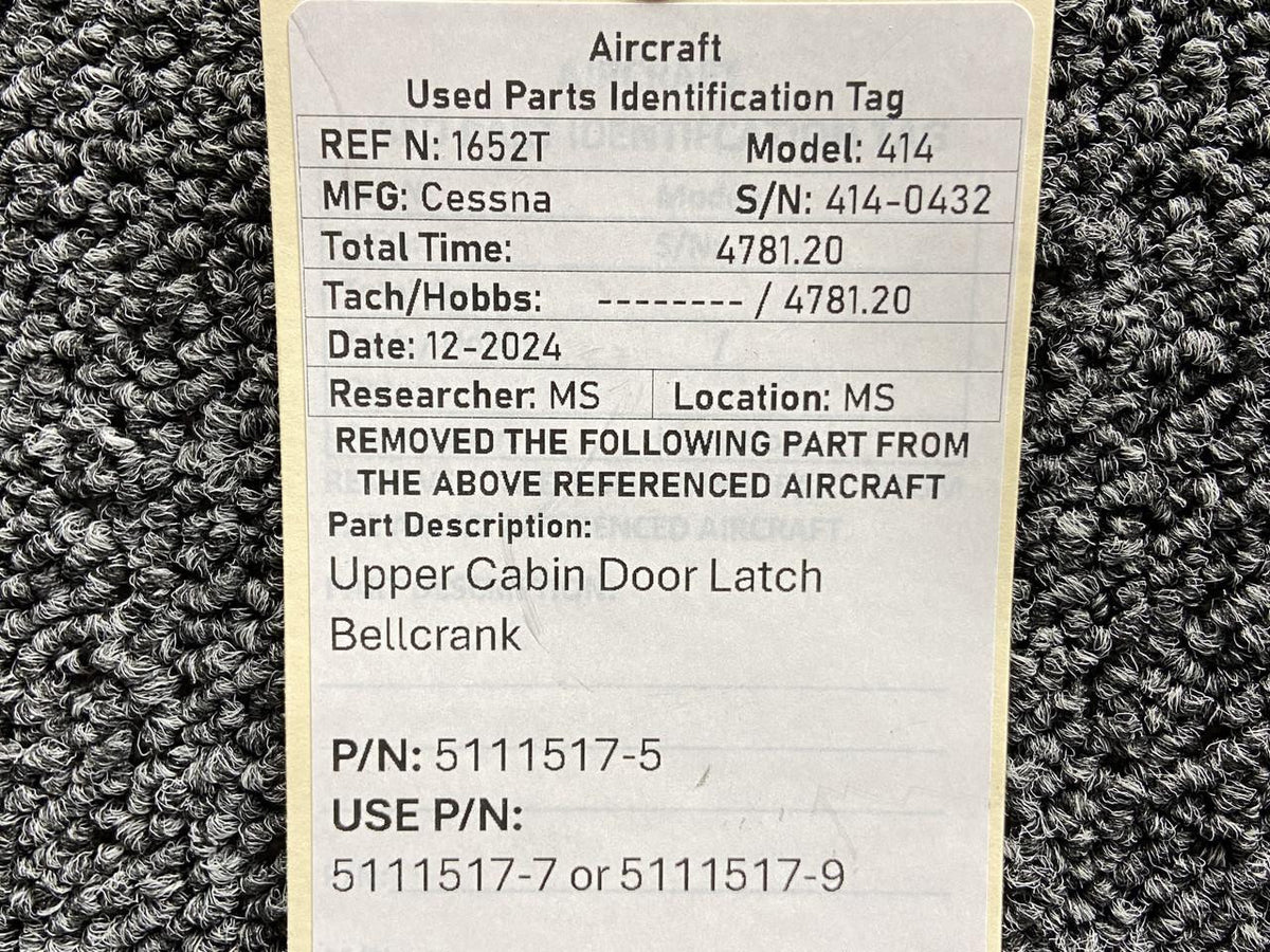 Cessna Aircraft Parts 5111517-5 (Use: 5111517-9) Cessna 414 Upper Cabin Door Latch Bellcrank