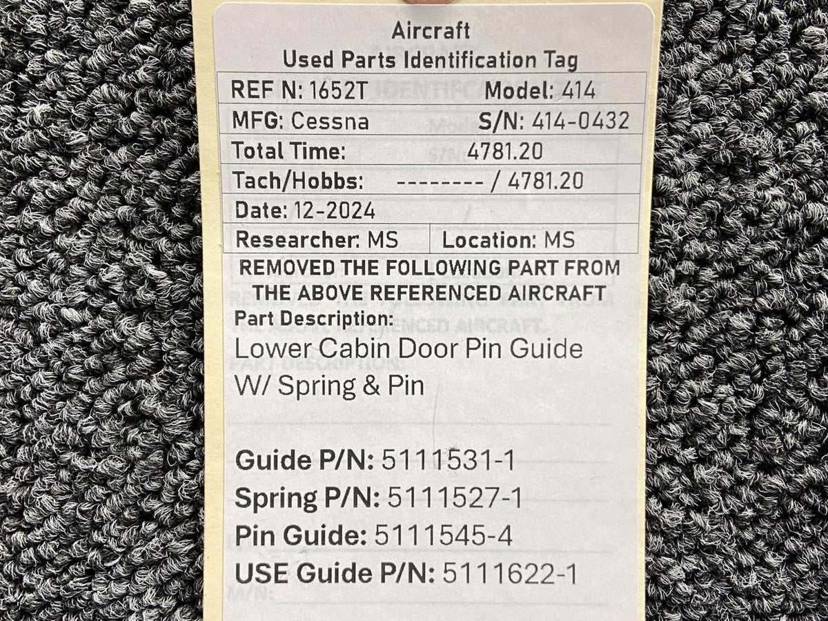 Cessna Aircraft Parts 5111531-1, 5111545-4 Cessna 414 Lower Cabin Door Pin Guide with Spring & Pin