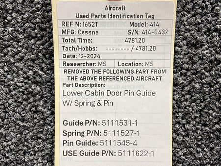 Cessna Aircraft Parts 5111531-1, 5111545-4 Cessna 414 Lower Cabin Door Pin Guide with Spring & Pin