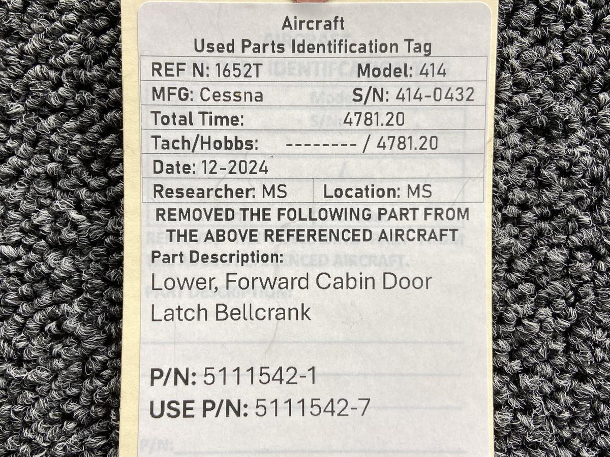Cessna Aircraft Parts 5111542-1 (Use: 5111542-7) Cessna 414 Lower, Forward Cabin Door Latch Bellcrank